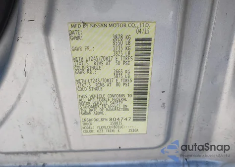 2015 Nissan Nv Cargo Nv1500 S V6 z USA, uszkodzony, nr VIN 1N6BF0KL8FN804747